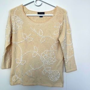 Ann Taylor Floral Beaded Stretchy Silk Blend Sweater, cream color. Size Medium